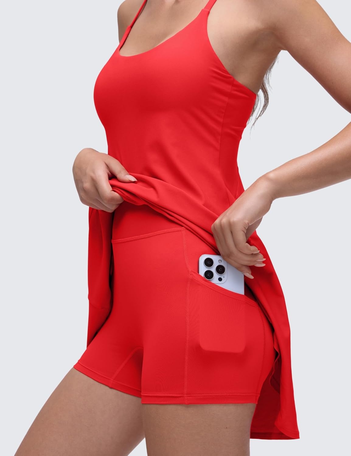 image:imageCRZ YOGA Lightweight Drapey Spagheii Straps Tennis Dress for Women Mini Flowy Golf Outfits with Bras and Short LinerDeep Red