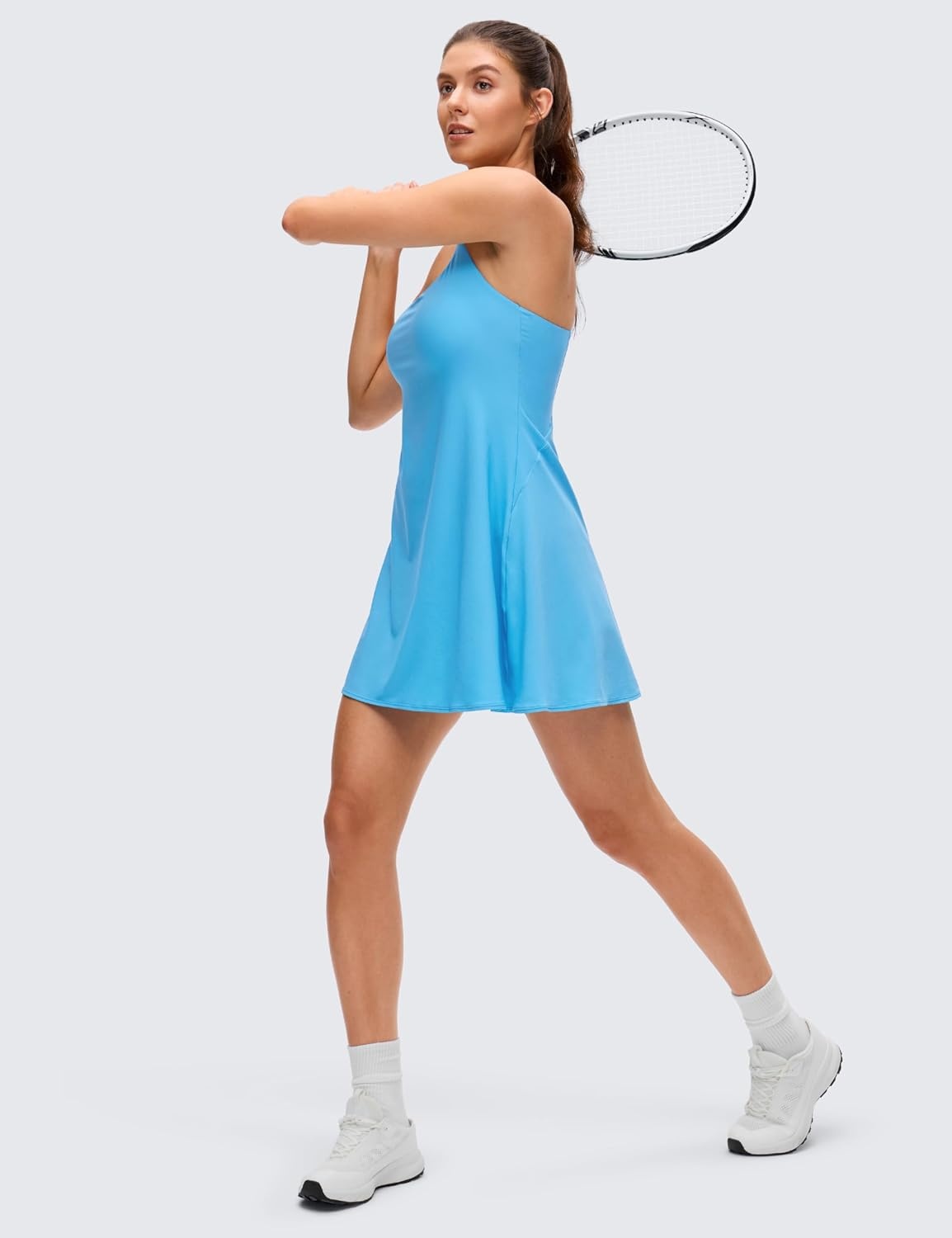 image:imageCRZ YOGA Lightweight Drapey Spagheii Straps Tennis Dress for Women Mini Flowy Golf Outfits with Bras and Short LinerKayak Blue