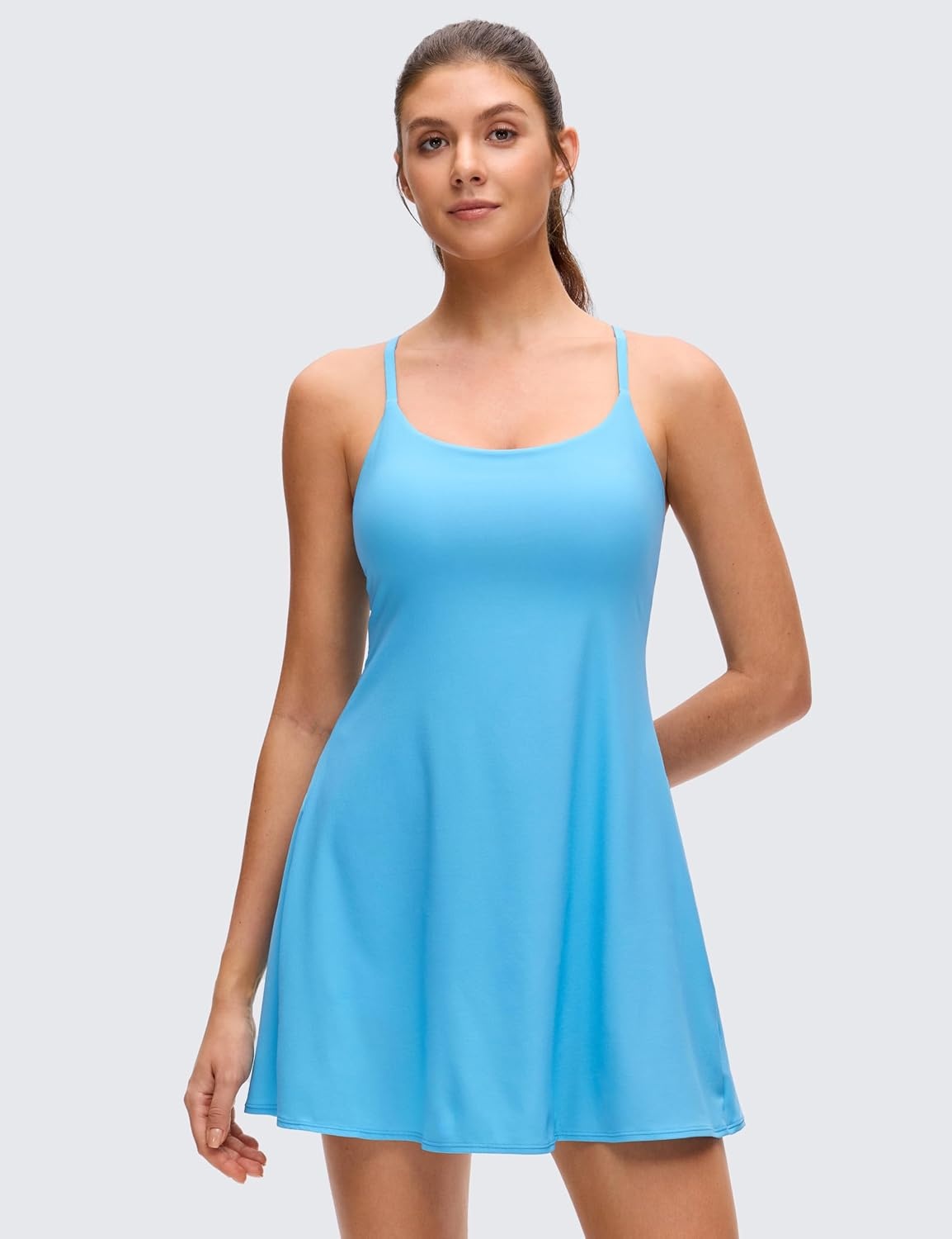 image:imageCRZ YOGA Lightweight Drapey Spagheii Straps Tennis Dress for Women Mini Flowy Golf Outfits with Bras and Short LinerKayak Blue