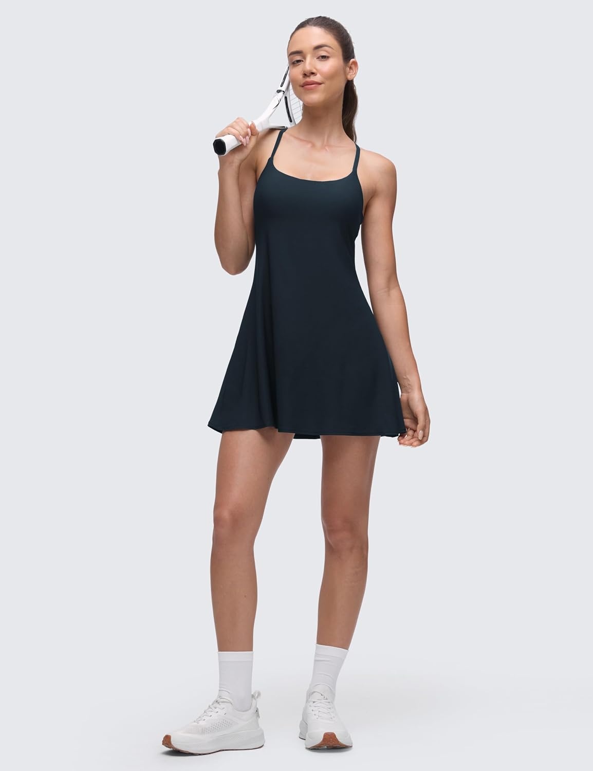 image:imageCRZ YOGA Lightweight Drapey Spagheii Straps Tennis Dress for Women Mini Flowy Golf Outfits with Bras and Short LinerTrue Navy