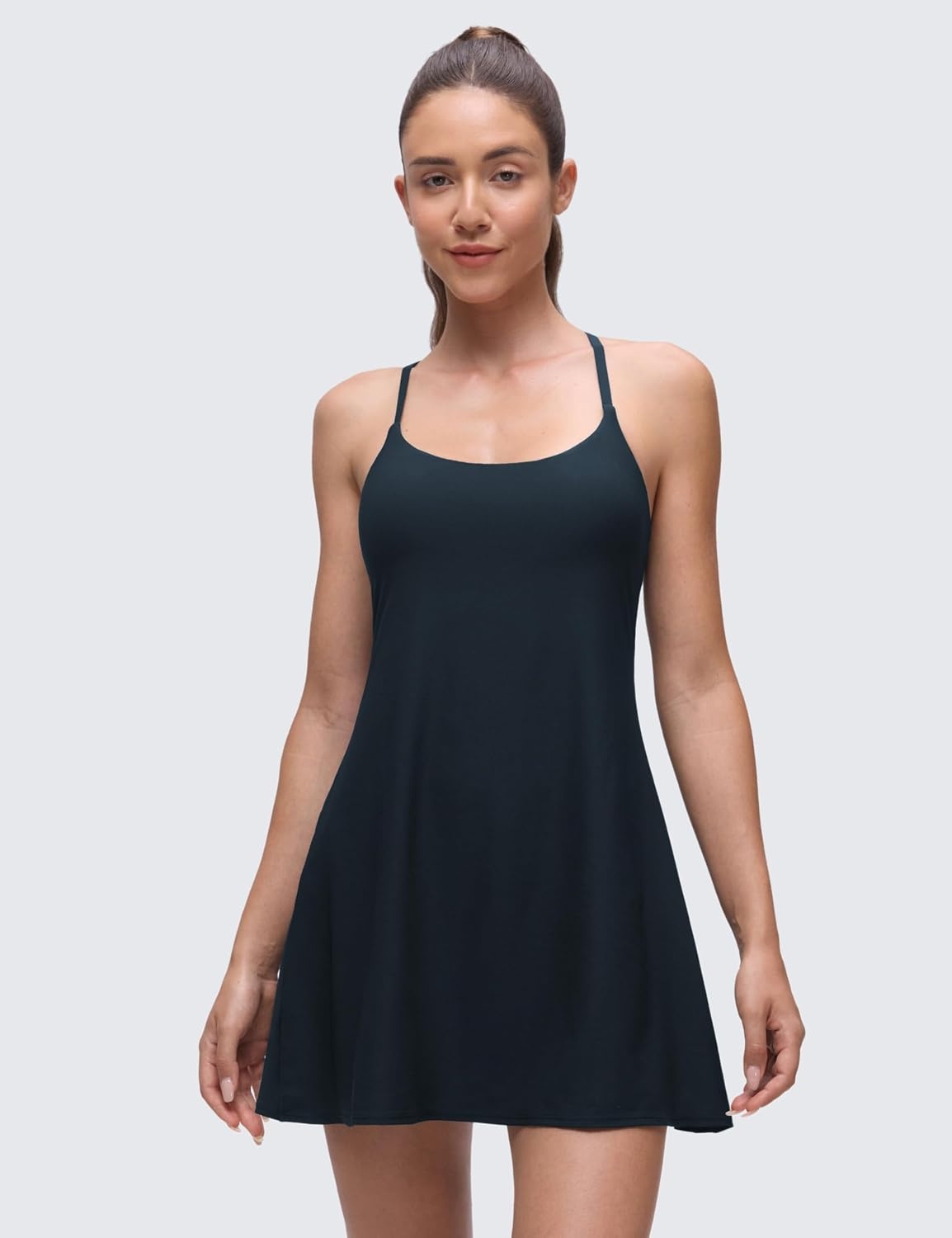 image:imageCRZ YOGA Lightweight Drapey Spagheii Straps Tennis Dress for Women Mini Flowy Golf Outfits with Bras and Short LinerTrue Navy