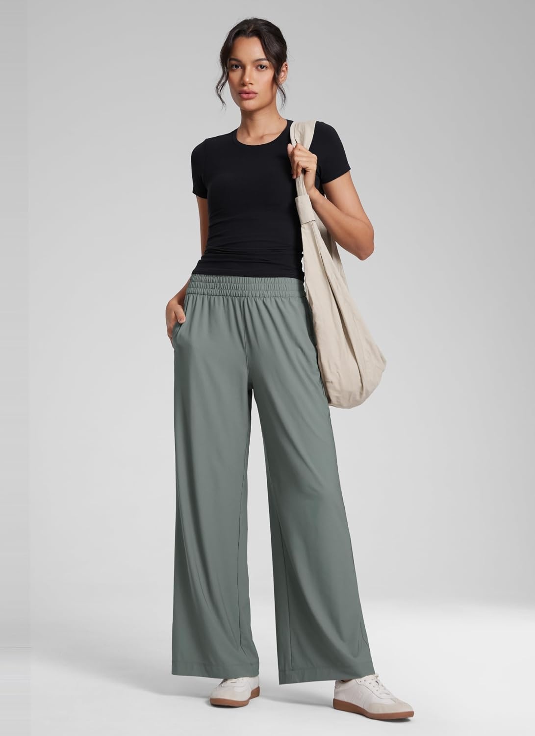image:imageCRZ YOGA Lightweight Drapey Wide Leg Casual Pants for Women 30 Flowy Travel Work Loose Fit SummerGrey Sage