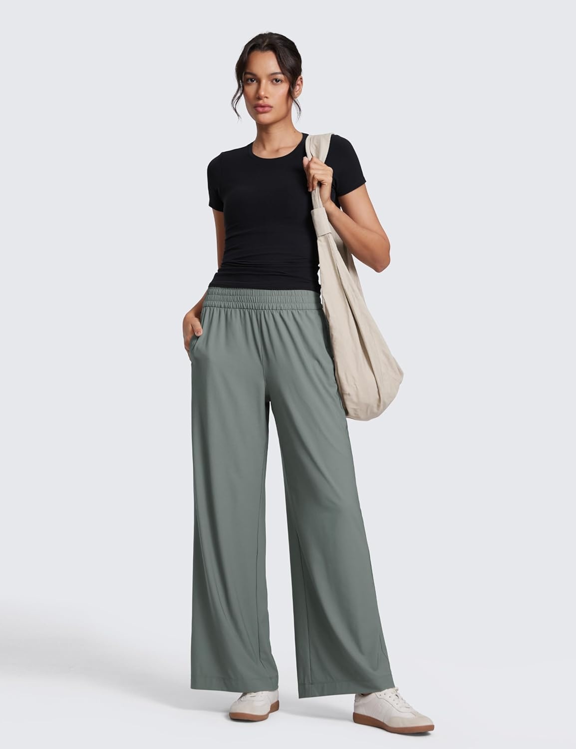image:imageCRZ YOGA Lightweight Drapey Wide Leg Casual Pants for Women 30 Flowy Travel Work Loose Fit SummerGrey Sage