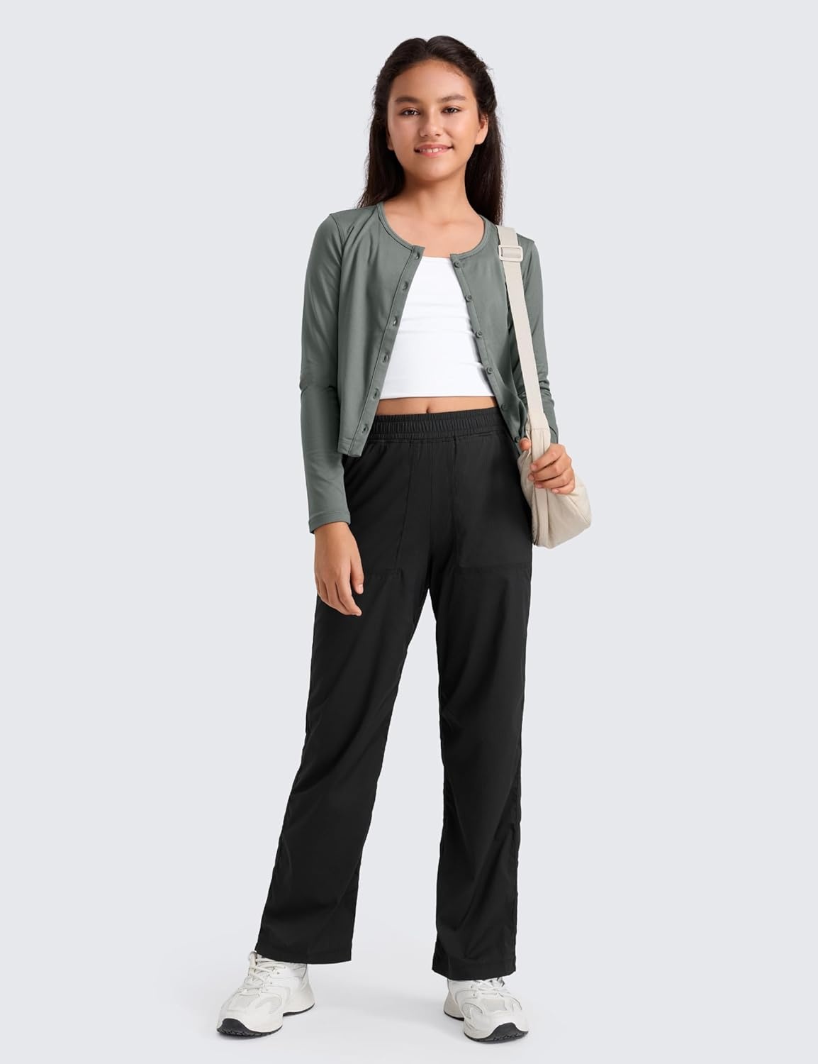 image:imageCRZ YOGA Lightweight Girls Casual Straight Leg Pants Lounge Workout Ruched Sweatpants with Pockets Drawstring Kids TeenBlack
