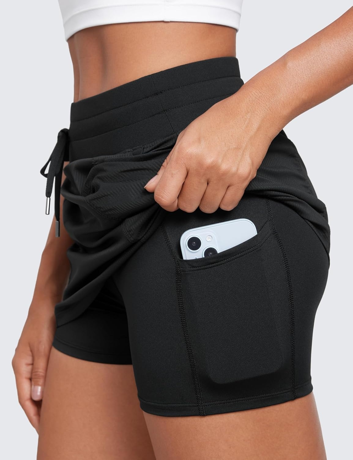 image:imageCRZ YOGA Lightweight Ruched Casual Skirts for Women High Waisted Mini A Line Golf Drawstring Skort with PocketsBlack
