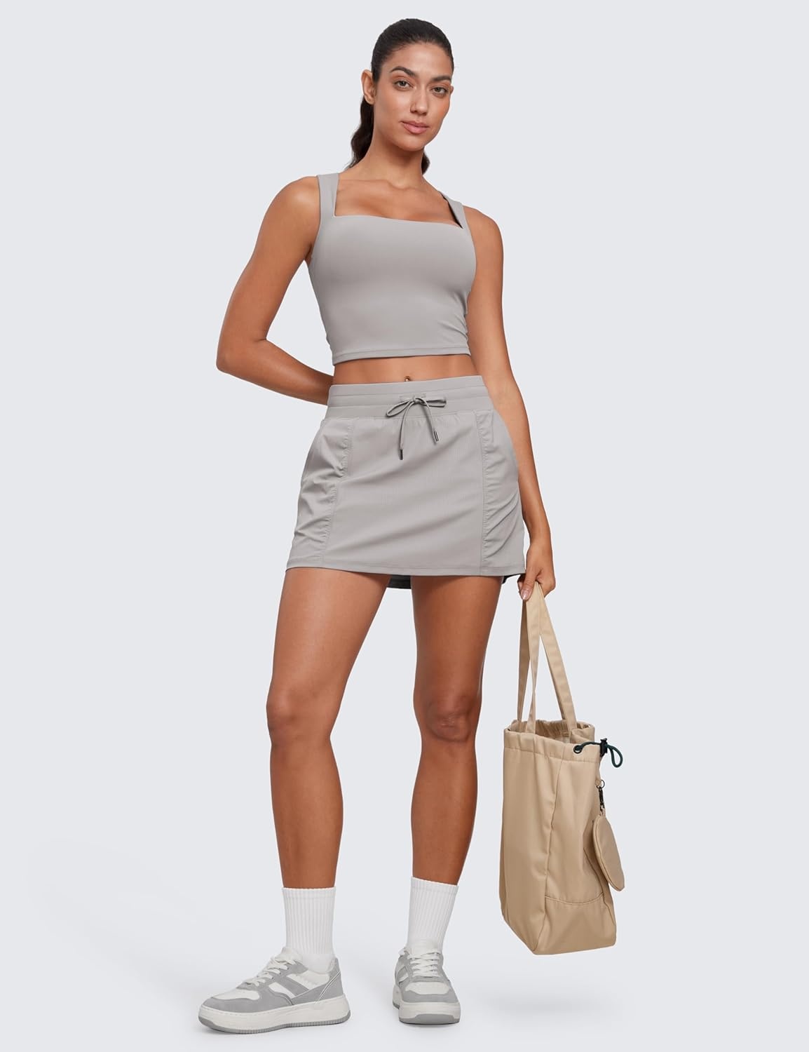 image:imageCRZ YOGA Lightweight Ruched Casual Skirts for Women High Waisted Mini A Line Golf Drawstring Skort with PocketsDark Chrome