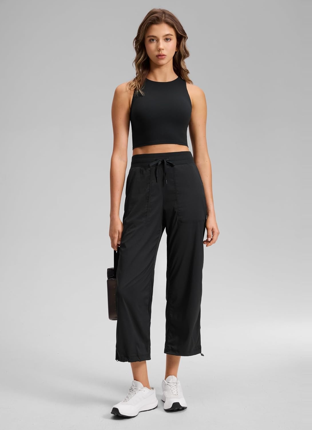 image:imageCRZ YOGA Lightweight Straight Leg Cropped Pants for Women 24 Ruched Casual Work Athletic Capri with PocketsBlack
