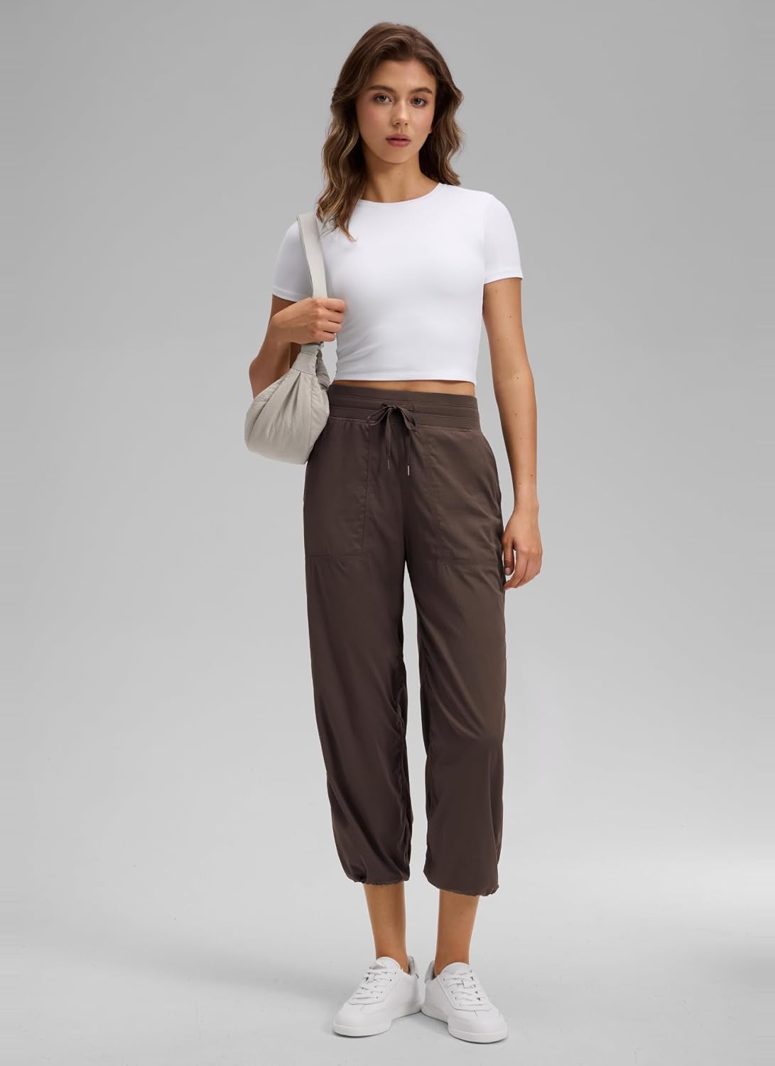 image:imageCRZ YOGA Lightweight Straight Leg Cropped Pants for Women 24 Ruched Casual Work Athletic Capri with PocketsHot Fudge Brown