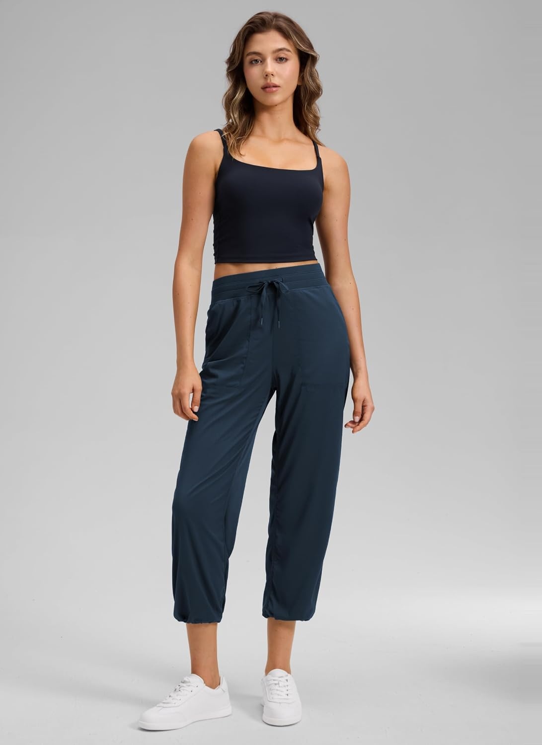 image:imageCRZ YOGA Lightweight Straight Leg Cropped Pants for Women 24 Ruched Casual Work Athletic Capri with PocketsInk Blue