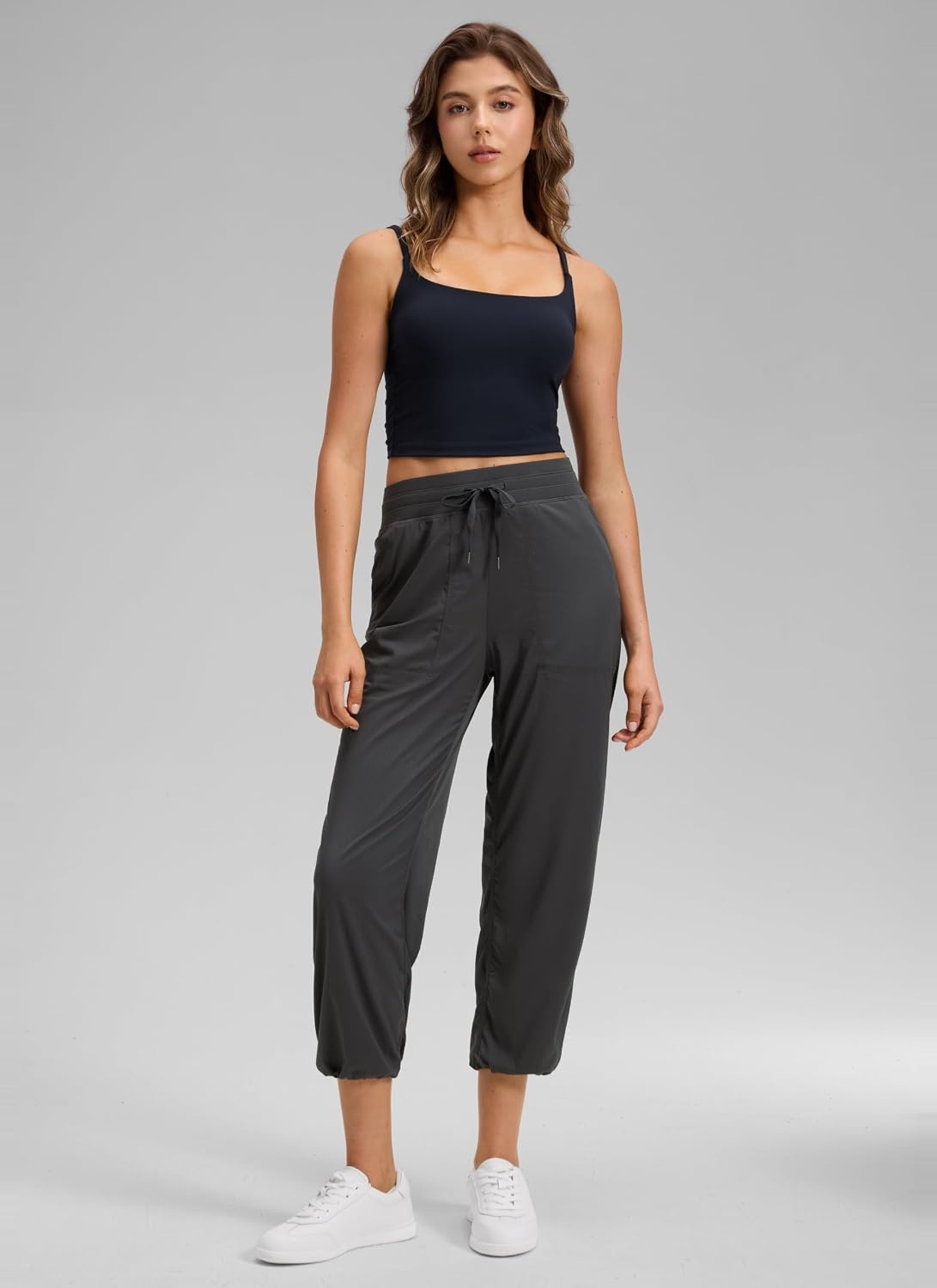 image:imageCRZ YOGA Lightweight Straight Leg Cropped Pants for Women 24 Ruched Casual Work Athletic Capri with PocketsInk Gray