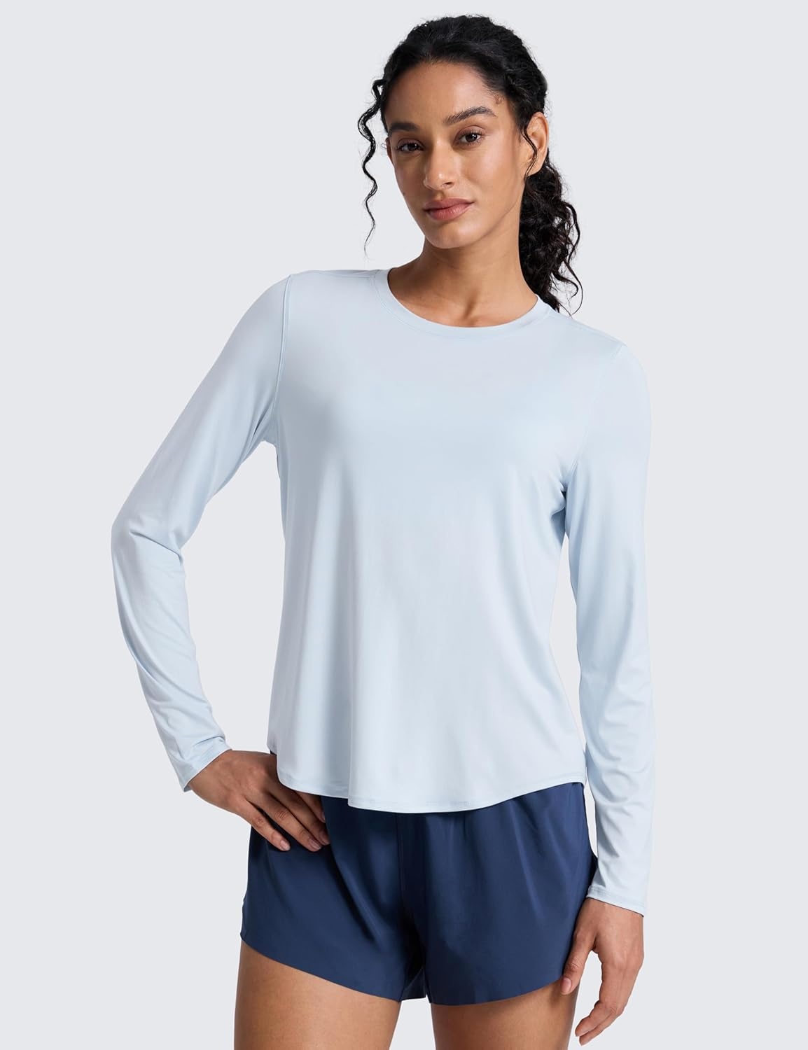 image:imageCRZ YOGA Lightweight Workout Long Sleeve Shirts for Women Gym Running Fall Athletic Training TShirts High Neck TopsBlue Linen