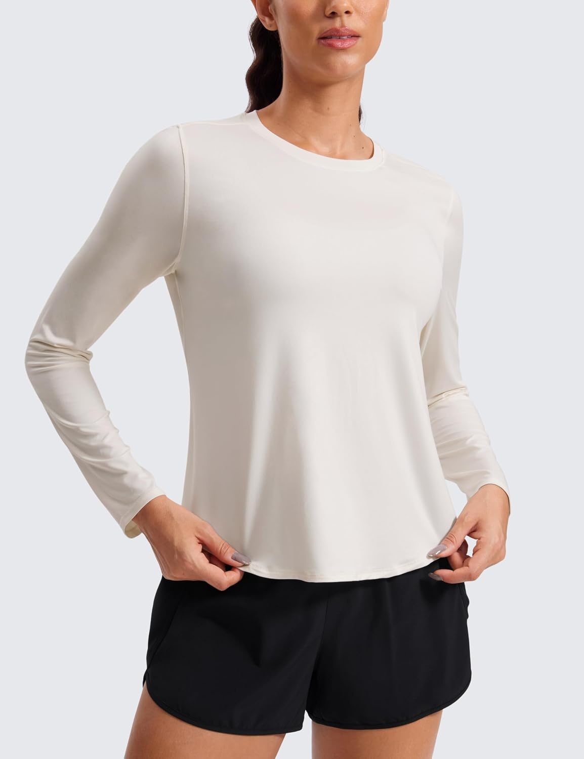 image:imageCRZ YOGA Lightweight Workout Long Sleeve Shirts for Women Gym Running Fall Athletic Training TShirts High Neck TopsWhite Apricot