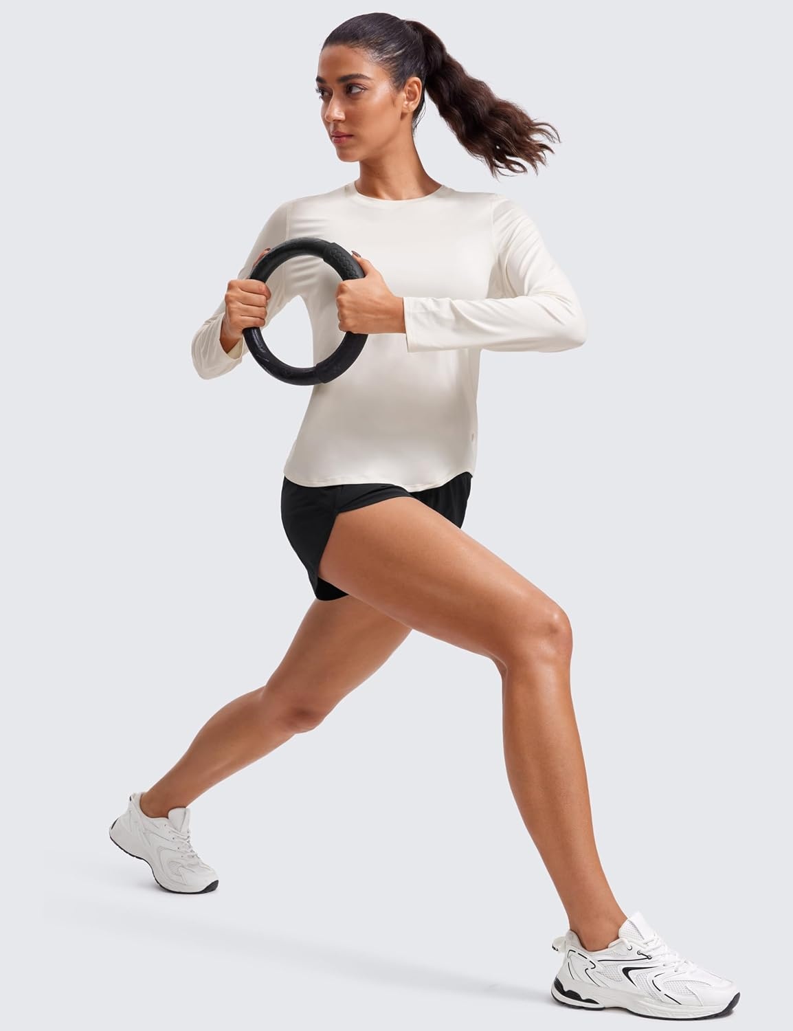 image:imageCRZ YOGA Lightweight Workout Long Sleeve Shirts for Women Gym Running Fall Athletic Training TShirts High Neck TopsWhite Apricot
