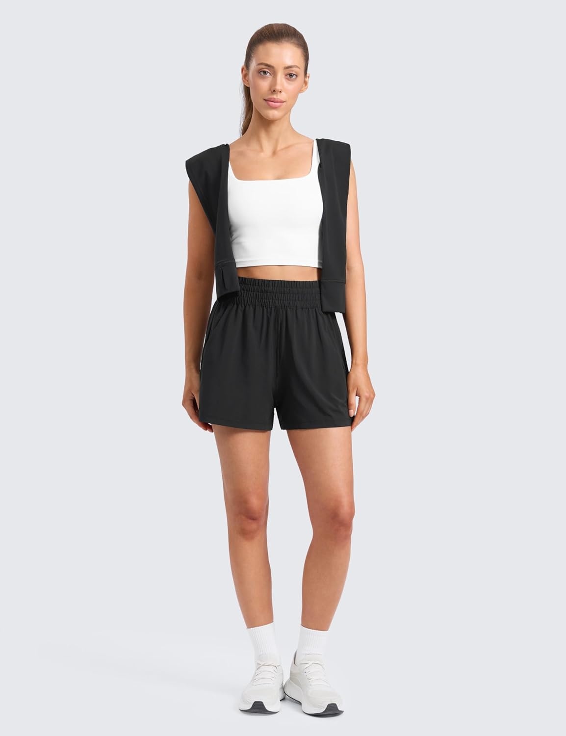image:imageCRZ YOGA Linerless Relaxed Casual Shorts for Women 3 High Waisted for Lounge Athletic Golf with PocketsBlack
