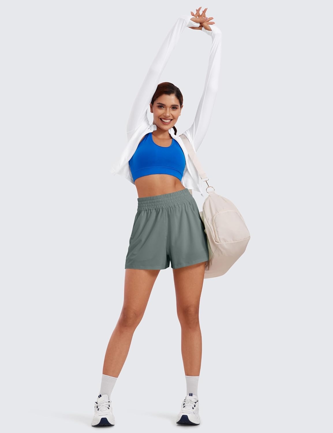 image:imageCRZ YOGA Linerless Relaxed Casual Shorts for Women 3 High Waisted for Lounge Athletic Golf with PocketsGrey Sage