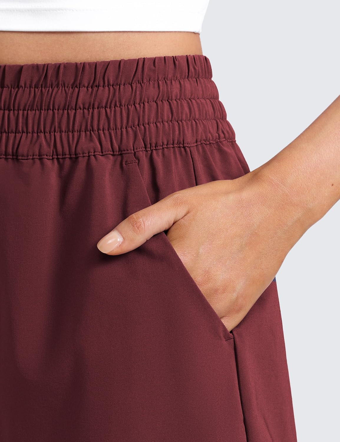 image:imageCRZ YOGA Linerless Relaxed Casual Shorts for Women 3 High Waisted for Lounge Athletic Golf with PocketsRed Merlot