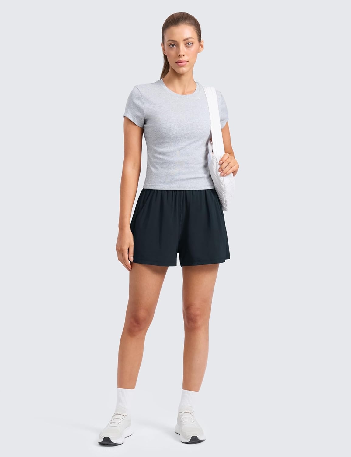 image:imageCRZ YOGA Linerless Relaxed Casual Shorts for Women 3 High Waisted for Lounge Athletic Golf with PocketsTrue Navy