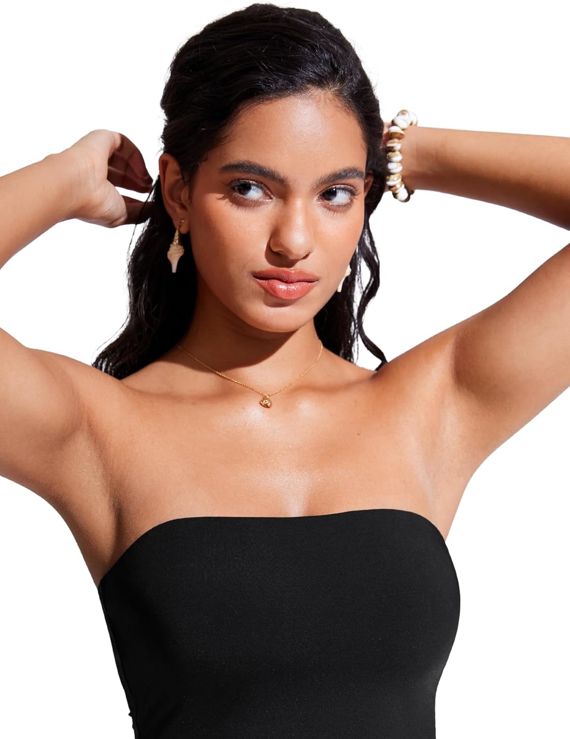 image:imageCRZ YOGA Longline Bandeau Bikini Tops for Women Padded Strapless Adjustable Spaghetti Straps Swimsuit Bathing Crop TankiniBlack