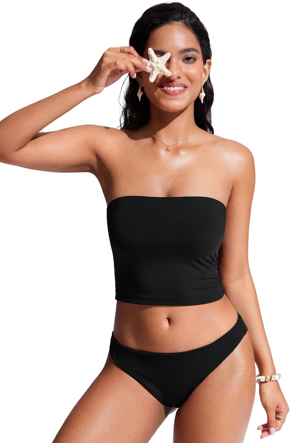 image:imageCRZ YOGA Longline Bandeau Bikini Tops for Women Padded Strapless Adjustable Spaghetti Straps Swimsuit Bathing Crop TankiniBlack