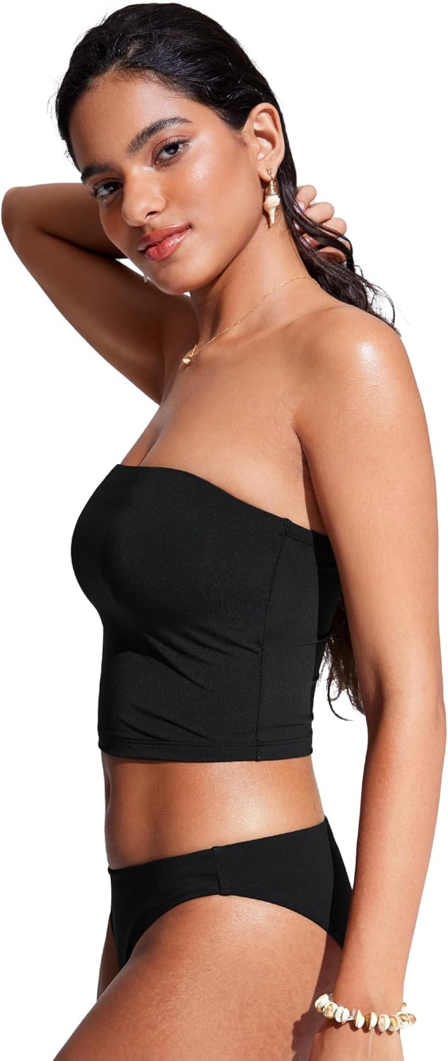 image:imageCRZ YOGA Longline Bandeau Bikini Tops for Women Padded Strapless Adjustable Spaghetti Straps Swimsuit Bathing Crop TankiniBlack