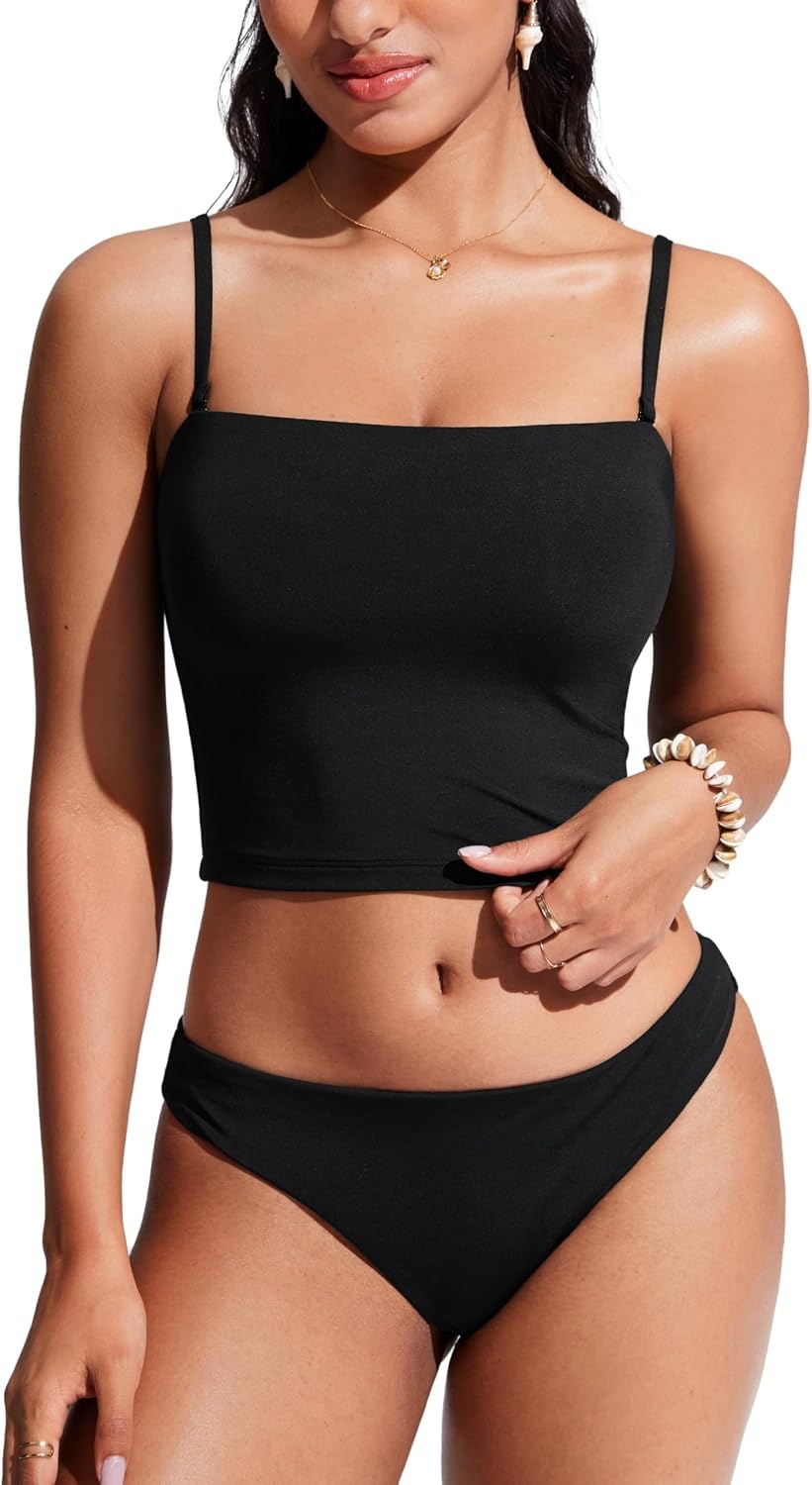 image:imageCRZ YOGA Longline Bandeau Bikini Tops for Women Padded Strapless Adjustable Spaghetti Straps Swimsuit Bathing Crop TankiniBlack