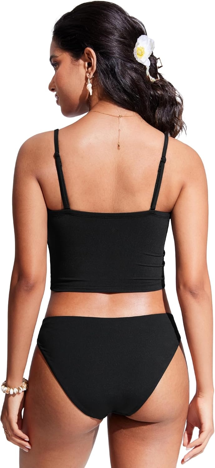 image:imageCRZ YOGA Longline Bandeau Bikini Tops for Women Padded Strapless Adjustable Spaghetti Straps Swimsuit Bathing Crop TankiniBlack