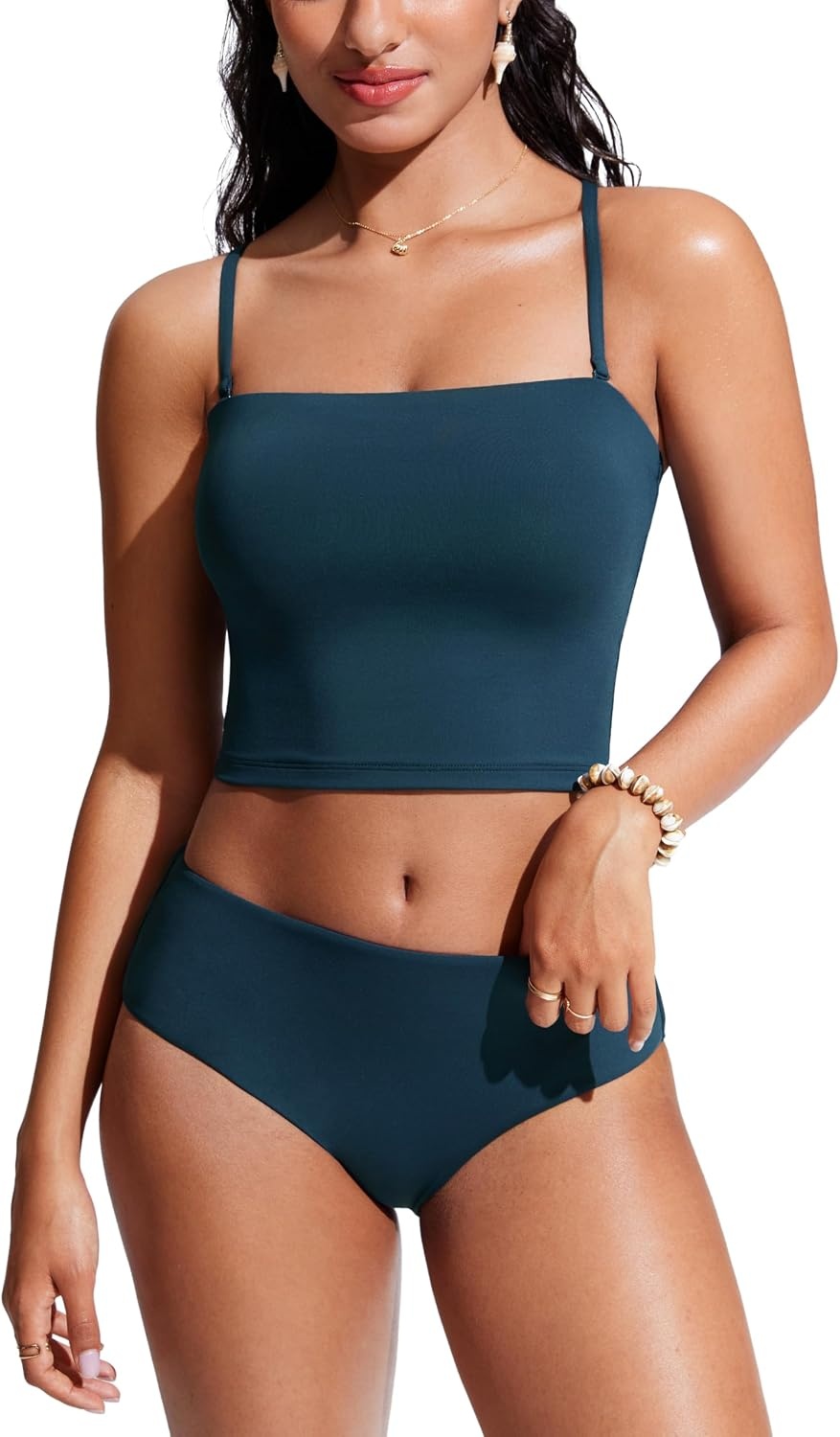 image:imageCRZ YOGA Longline Bandeau Bikini Tops for Women Padded Strapless Adjustable Spaghetti Straps Swimsuit Bathing Crop TankiniInsignia Blue