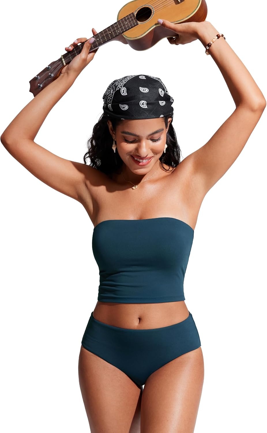 image:imageCRZ YOGA Longline Bandeau Bikini Tops for Women Padded Strapless Adjustable Spaghetti Straps Swimsuit Bathing Crop TankiniInsignia Blue