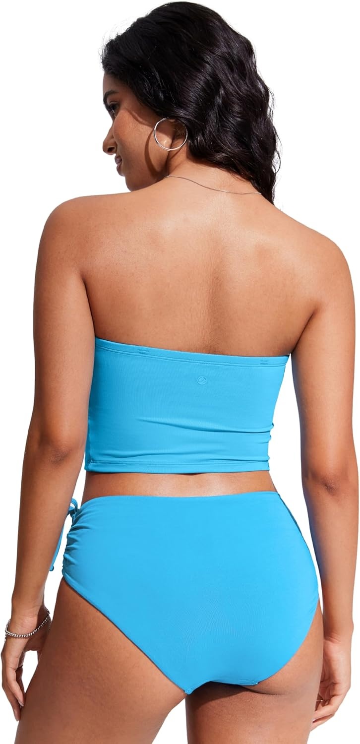 image:imageCRZ YOGA Longline Bandeau Bikini Tops for Women Padded Strapless Adjustable Spaghetti Straps Swimsuit Bathing Crop TankiniKayak Blue