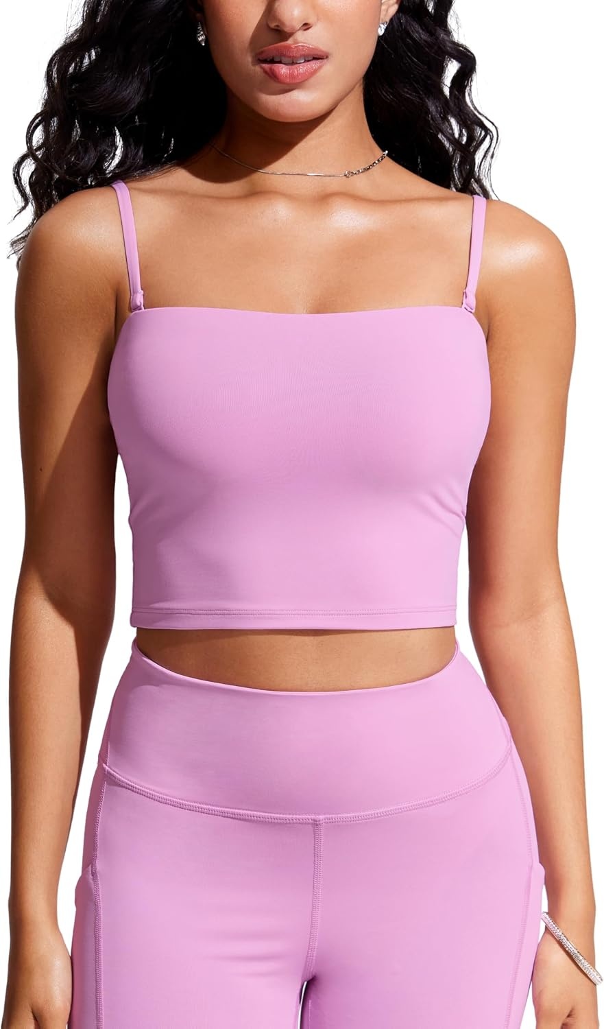 image:imageCRZ YOGA Longline Bandeau Bikini Tops for Women Padded Strapless Adjustable Spaghetti Straps Swimsuit Bathing Crop TankiniVita Pink