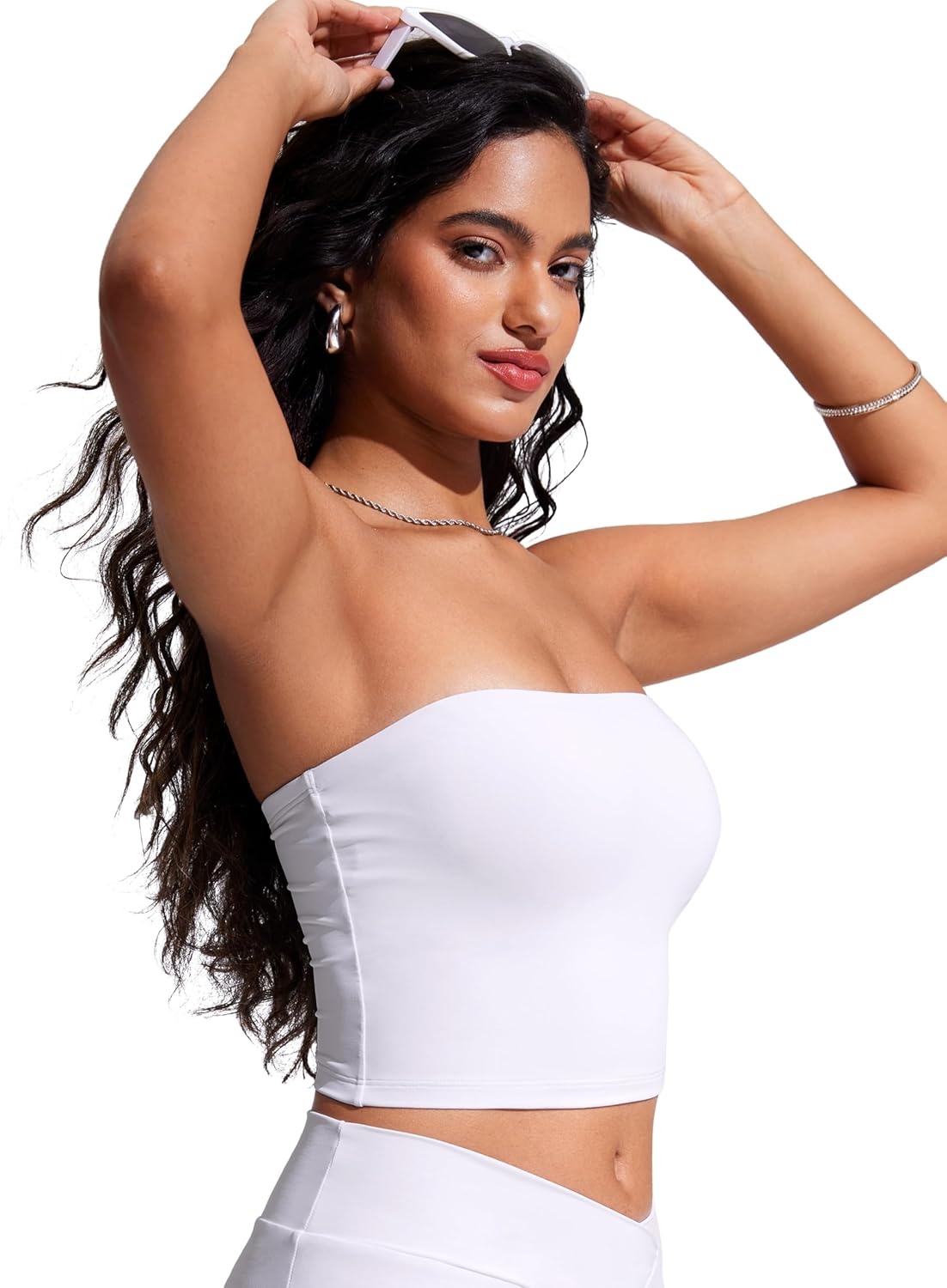 image:imageCRZ YOGA Longline Bandeau Bikini Tops for Women Padded Strapless Adjustable Spaghetti Straps Swimsuit Bathing Crop TankiniWhite