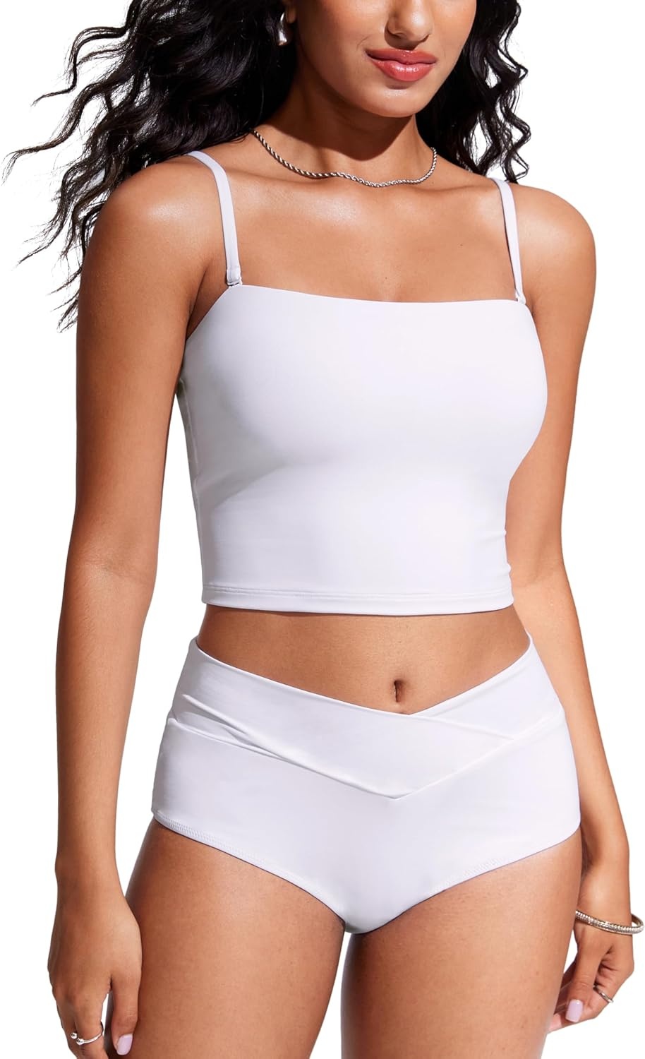 image:imageCRZ YOGA Longline Bandeau Bikini Tops for Women Padded Strapless Adjustable Spaghetti Straps Swimsuit Bathing Crop TankiniWhite
