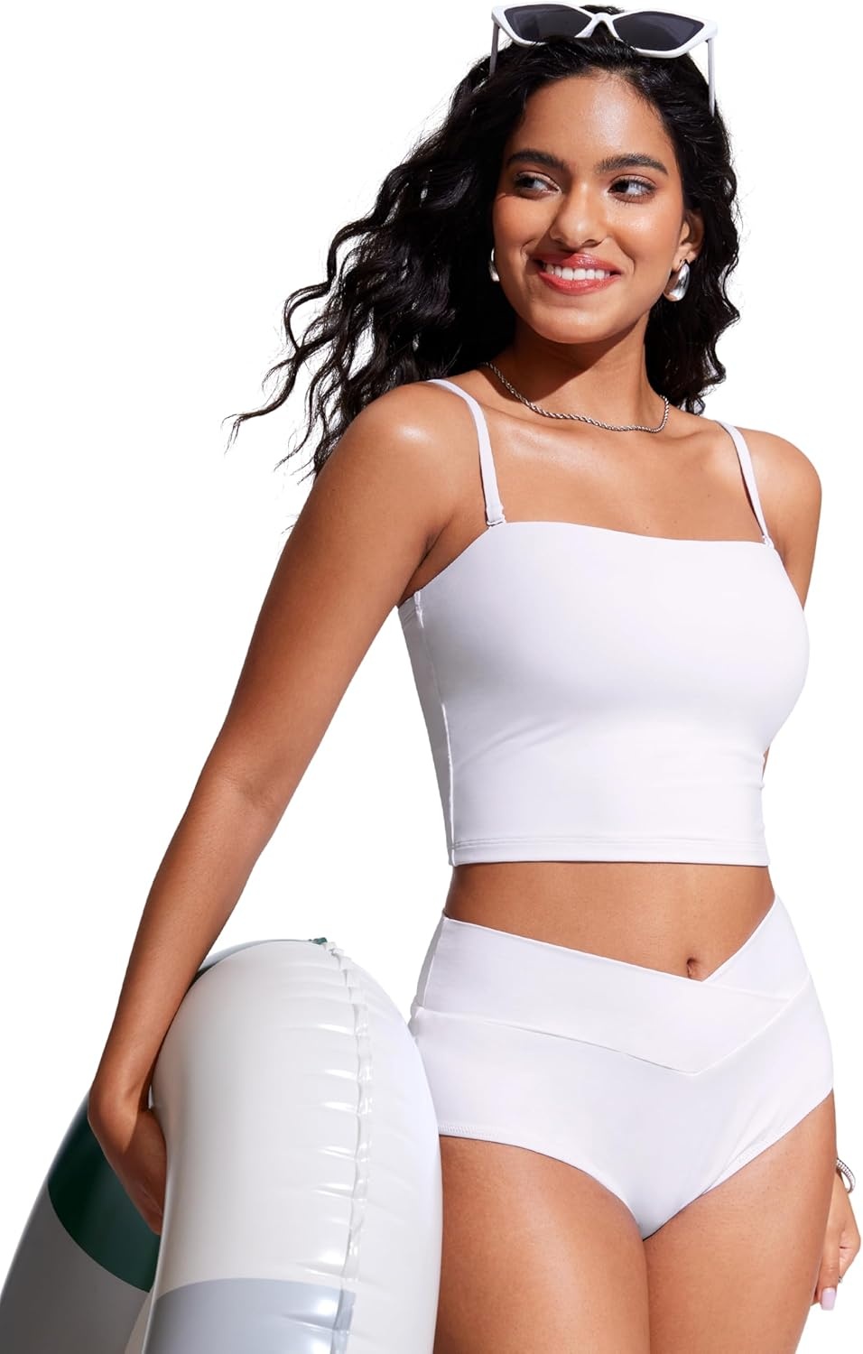 image:imageCRZ YOGA Longline Bandeau Bikini Tops for Women Padded Strapless Adjustable Spaghetti Straps Swimsuit Bathing Crop TankiniWhite