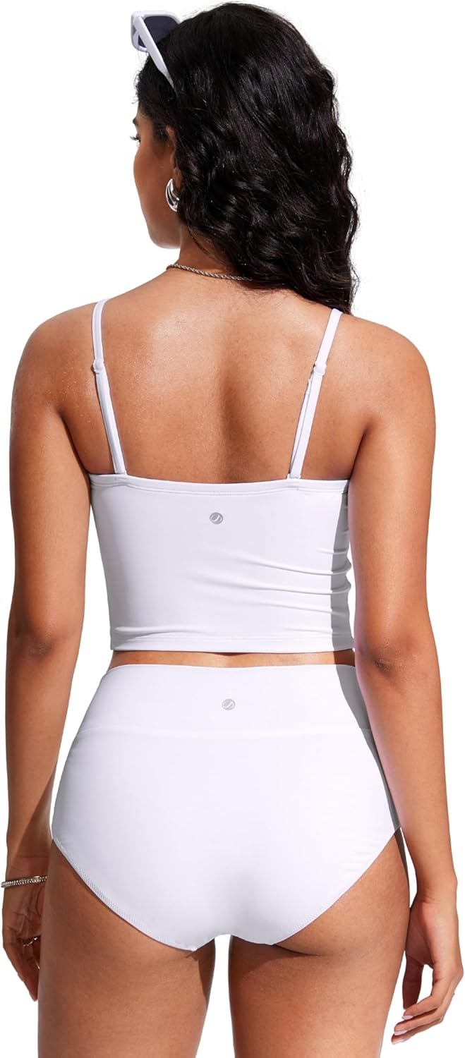 image:imageCRZ YOGA Longline Bandeau Bikini Tops for Women Padded Strapless Adjustable Spaghetti Straps Swimsuit Bathing Crop TankiniWhite