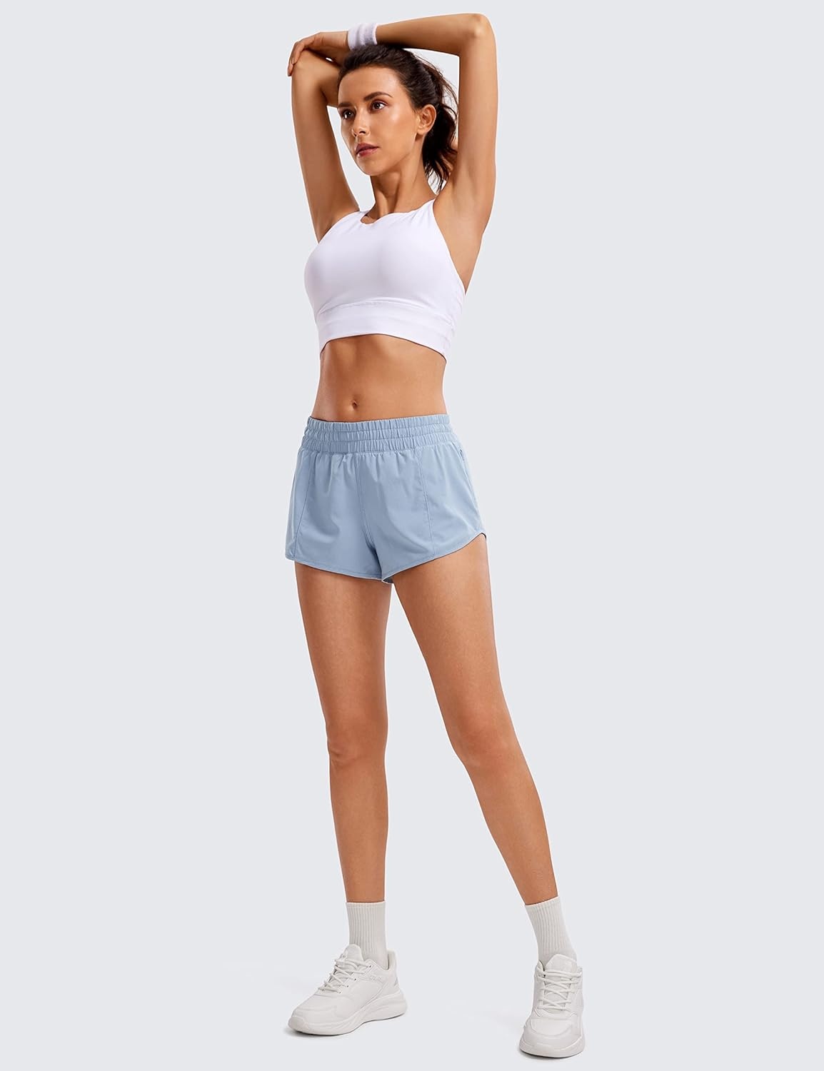 image:imageCRZ YOGA Low Waisted Running Shorts for Women 25 Mesh Liner Quick Dry for Workout Sport Athletic with Zipper PocketThe Breeze Blue