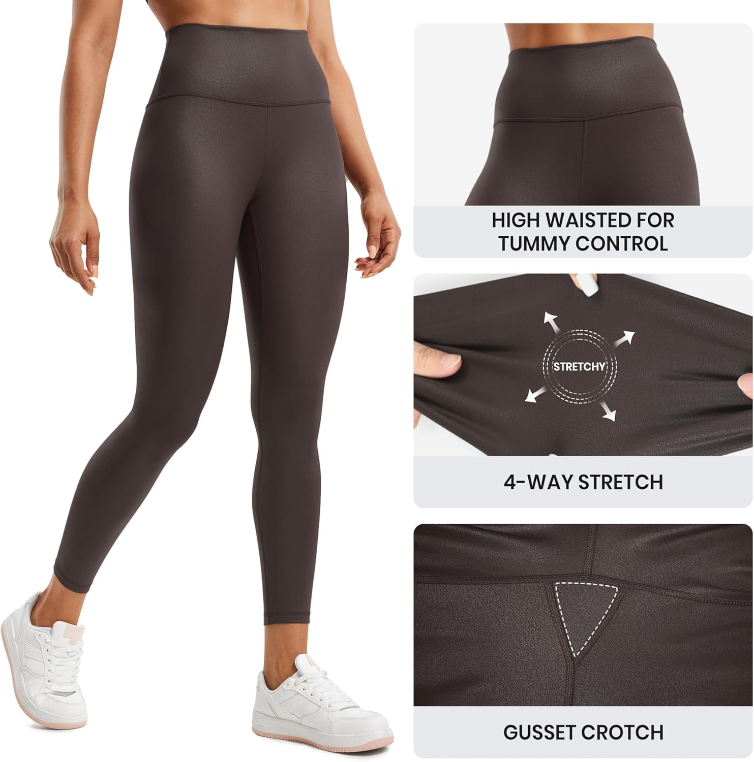image:imageCRZ YOGA Matte Faux Leather Leggings 25 Butterluxe High Waisted Stretch Ankle Leather Pants for Women Pleather TightsFaux Leather Hot Fudge Brown Foil