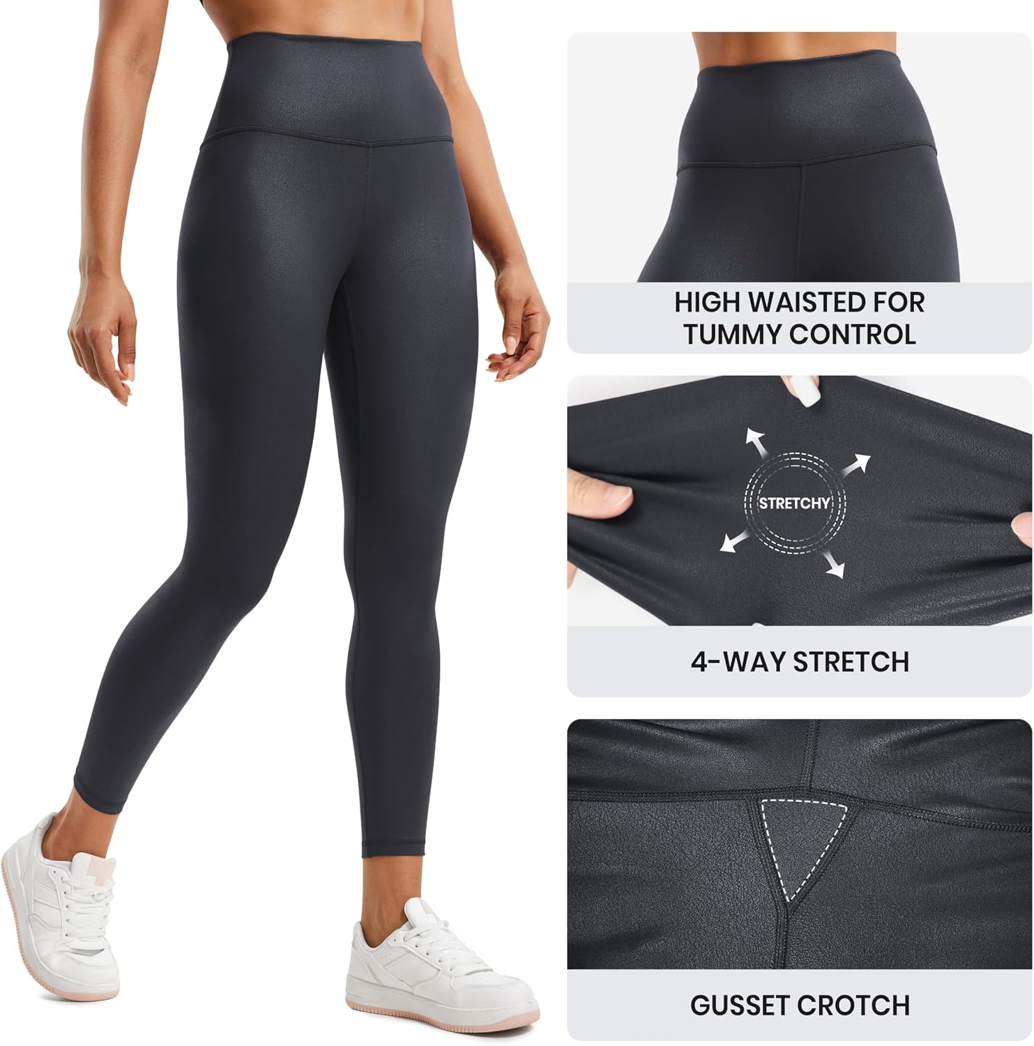 image:imageCRZ YOGA Matte Faux Leather Leggings 25 Butterluxe High Waisted Stretch Ankle Leather Pants for Women Pleather TightsFaux Leather Mysterious Grey Foil
