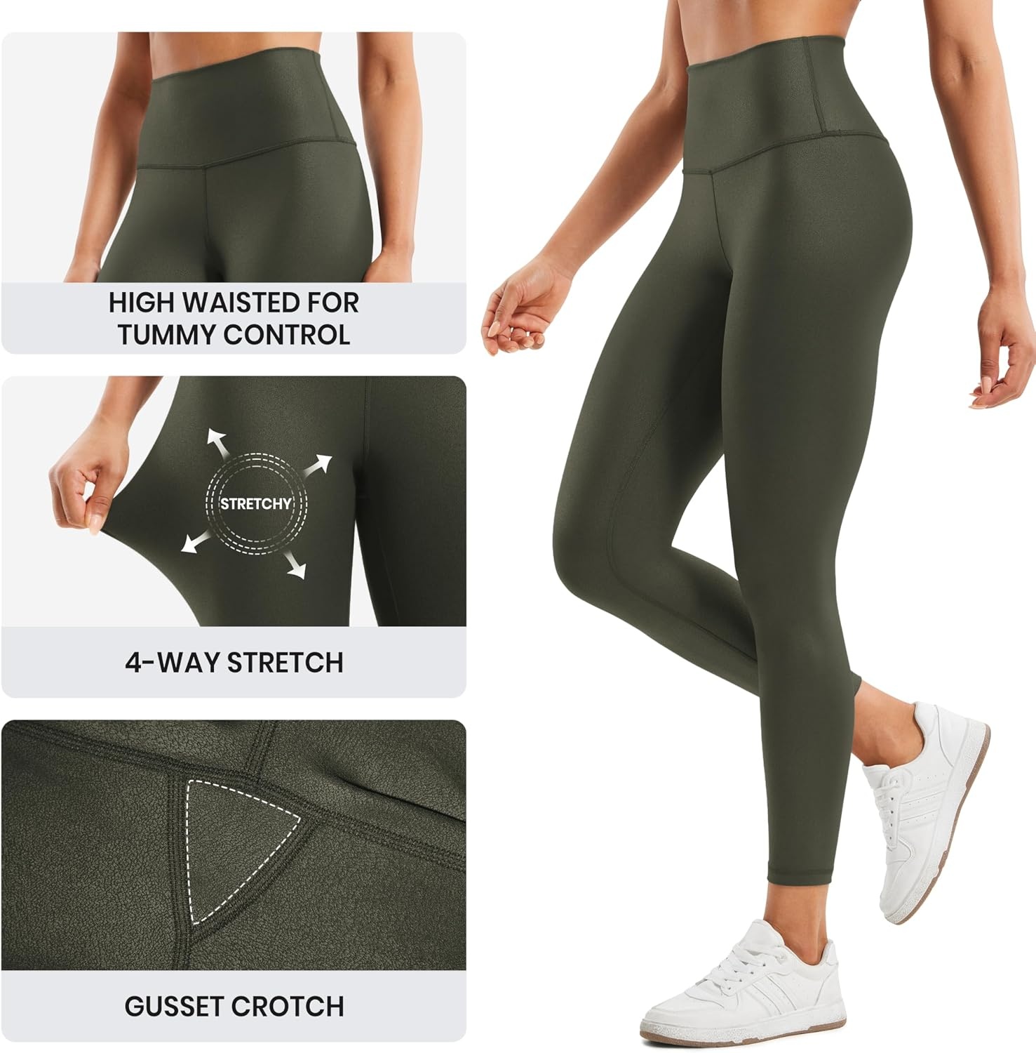 image:imageCRZ YOGA Matte Faux Leather Leggings 25 Butterluxe High Waisted Stretch Ankle Leather Pants for Women Pleather TightsFaux Leather Olive Green Foil