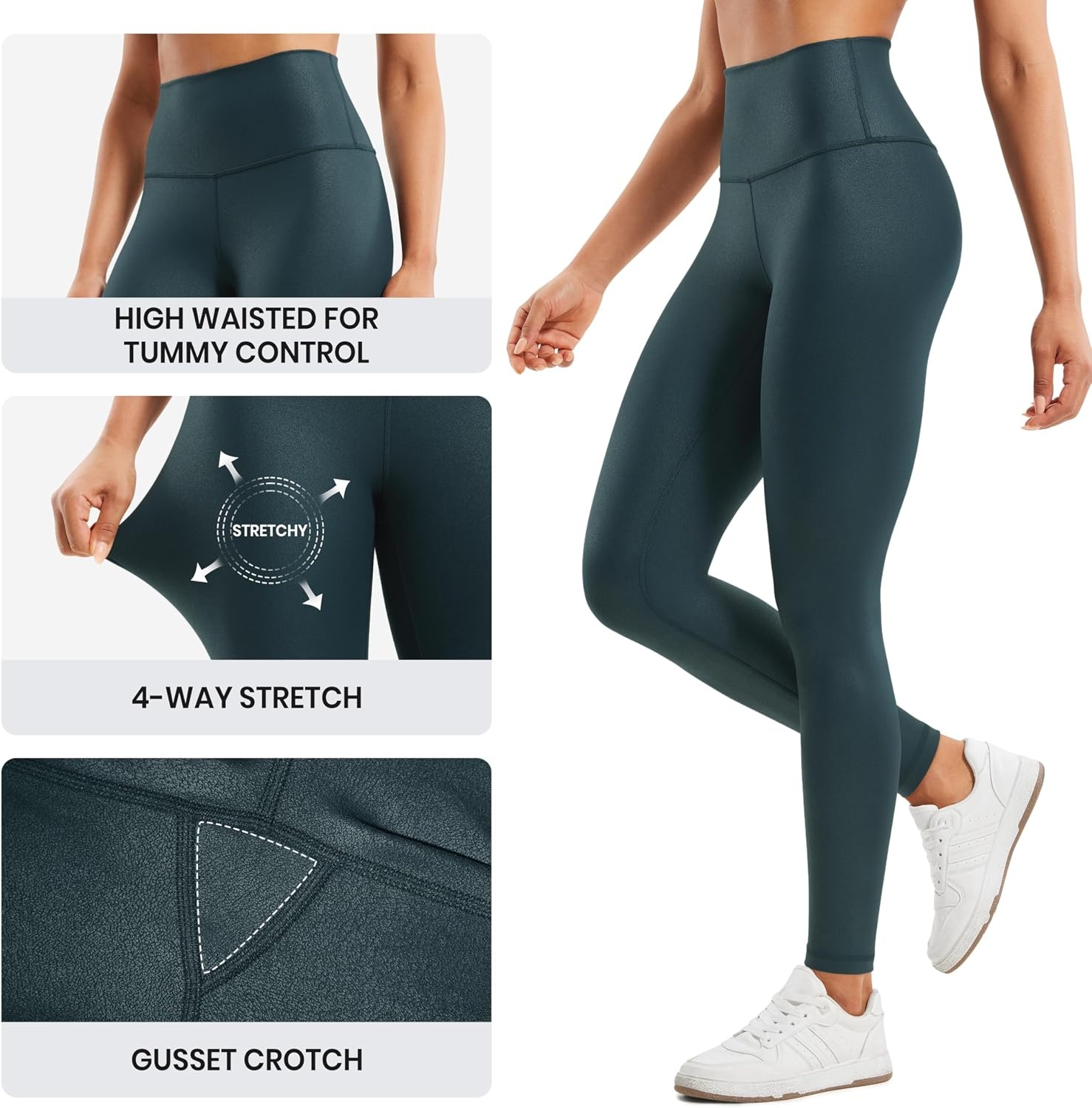 image:imageCRZ YOGA Matte Faux Leather Leggings 28 Butterluxe High Waisted Stretch Ankle Womens Leather Pants Pleather TightsForest Dark Green Foil Pattern