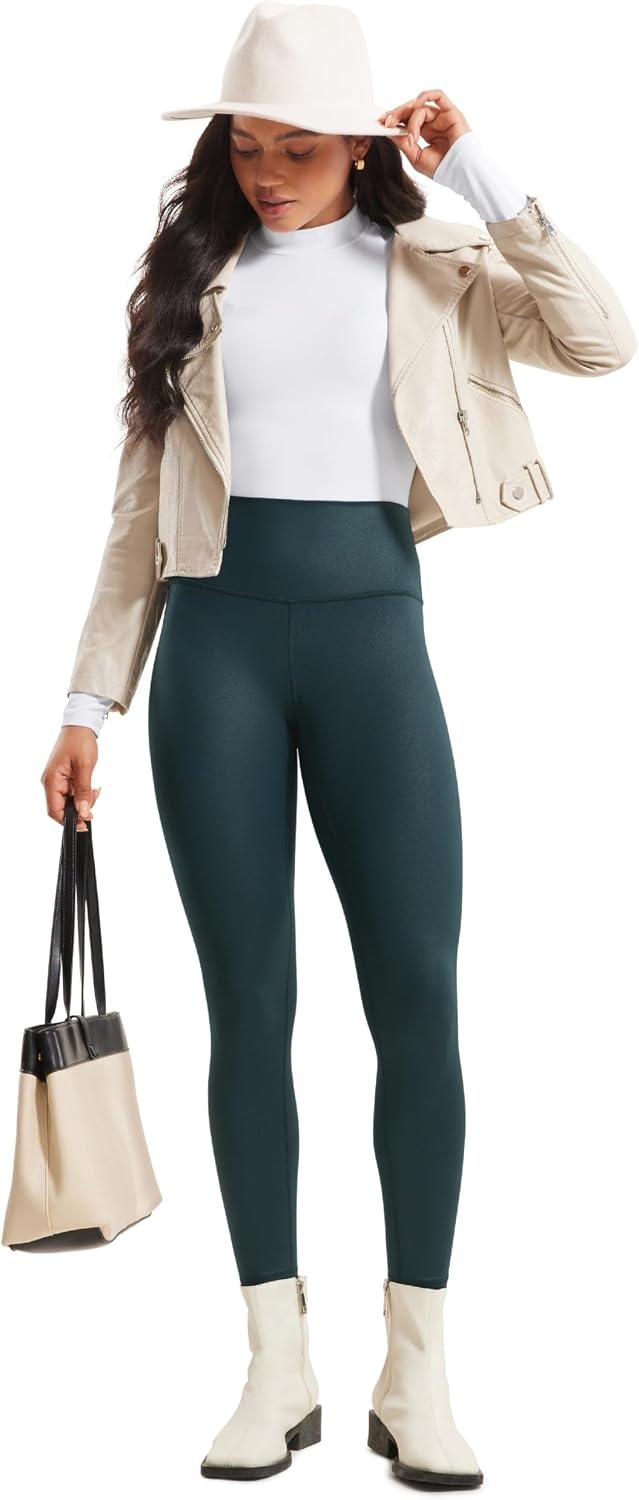 image:imageCRZ YOGA Matte Faux Leather Leggings 28 Butterluxe High Waisted Stretch Ankle Womens Leather Pants Pleather TightsForest Dark Green Foil Pattern