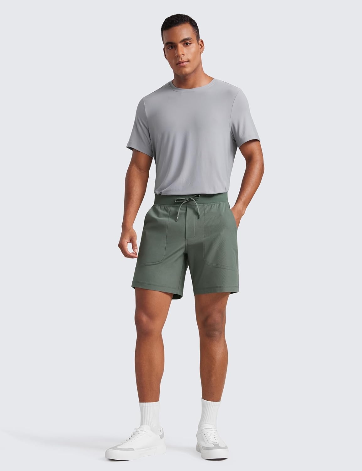 image:imageCRZ YOGA Mens All Day Comfy PullOn Shorts 7 Golf Casual Elastic Waist Quick Dry for Athletic Daily with PocketsGrey Sage