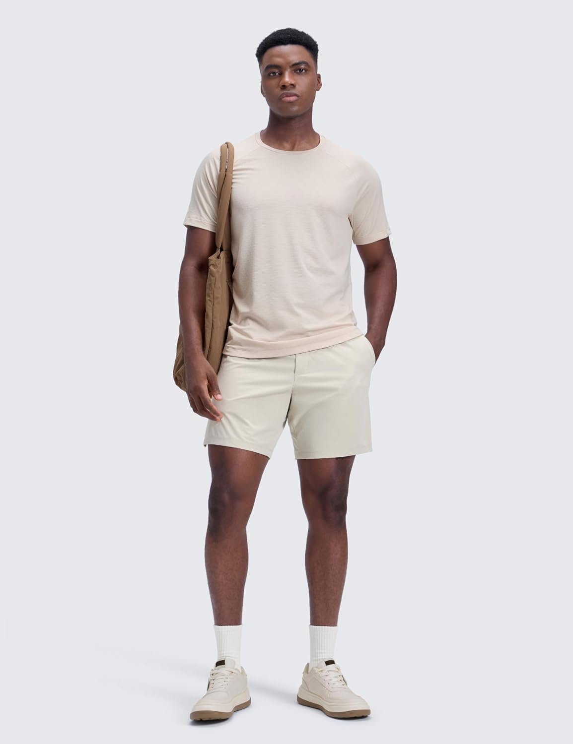 image:imageCRZ YOGA Mens Linerless Motion Shorts 7 Side Split Workout Daily Quick Dry for Gym Athletic Casual with PocketsMojave Tan