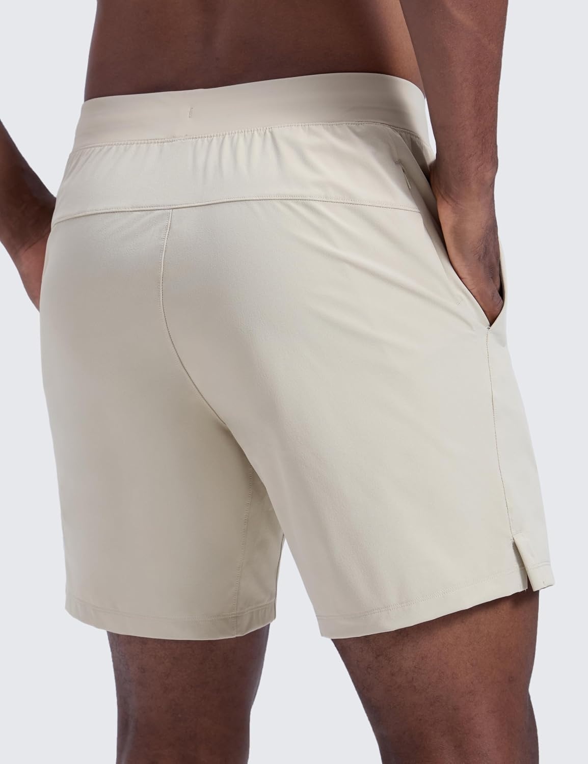 image:imageCRZ YOGA Mens Linerless Motion Shorts 7 Side Split Workout Daily Quick Dry for Gym Athletic Casual with PocketsMojave Tan
