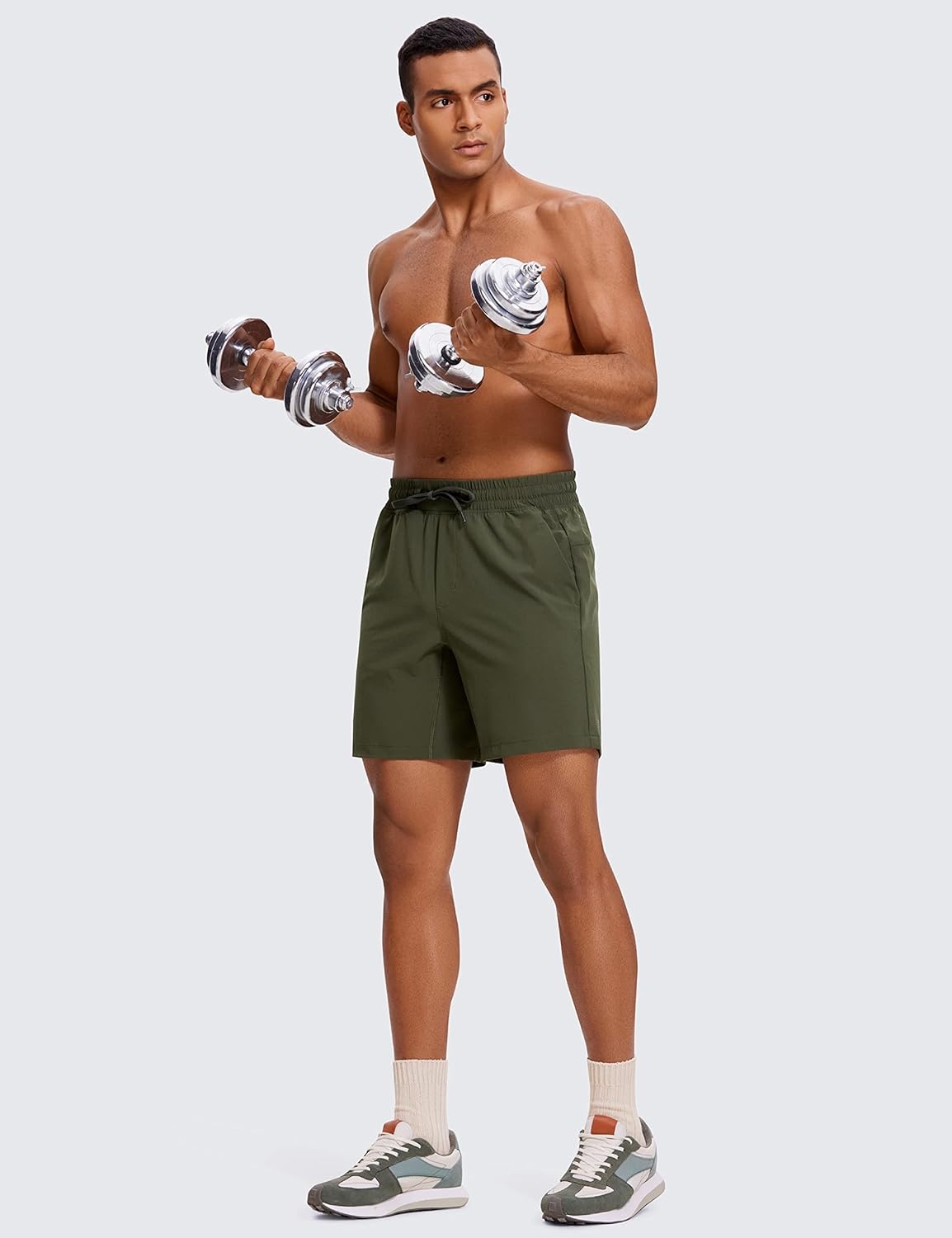 image:imageCRZ YOGA Mens Linerless Workout Shorts 7 Quick Dry for Running Sports Athletic Gym with PocketsDark Olive