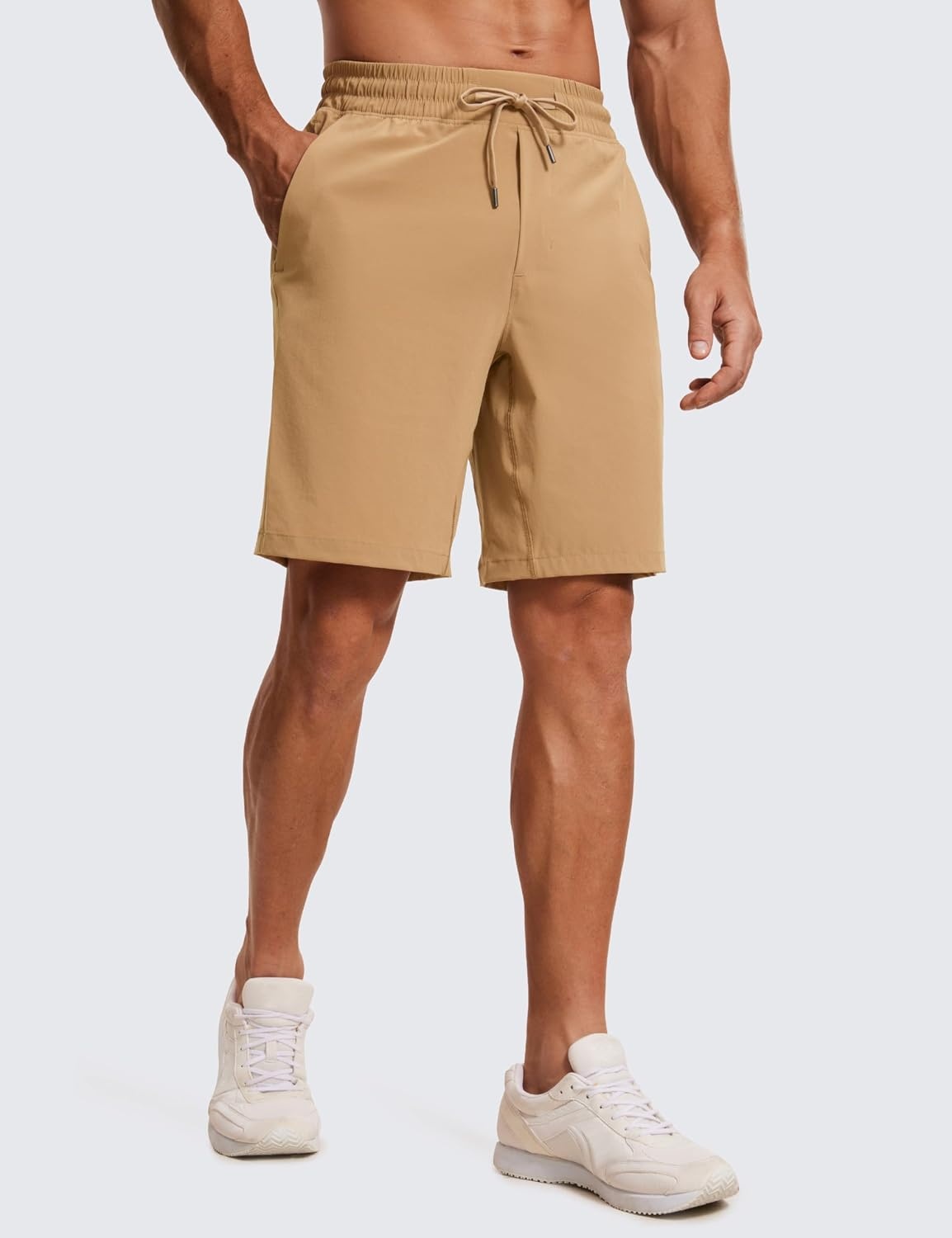 image:imageCRZ YOGA Mens Linerless Workout Shorts 9 Quick Dry for Running Sports Athletic Gym with PocketsKhaki Sand
