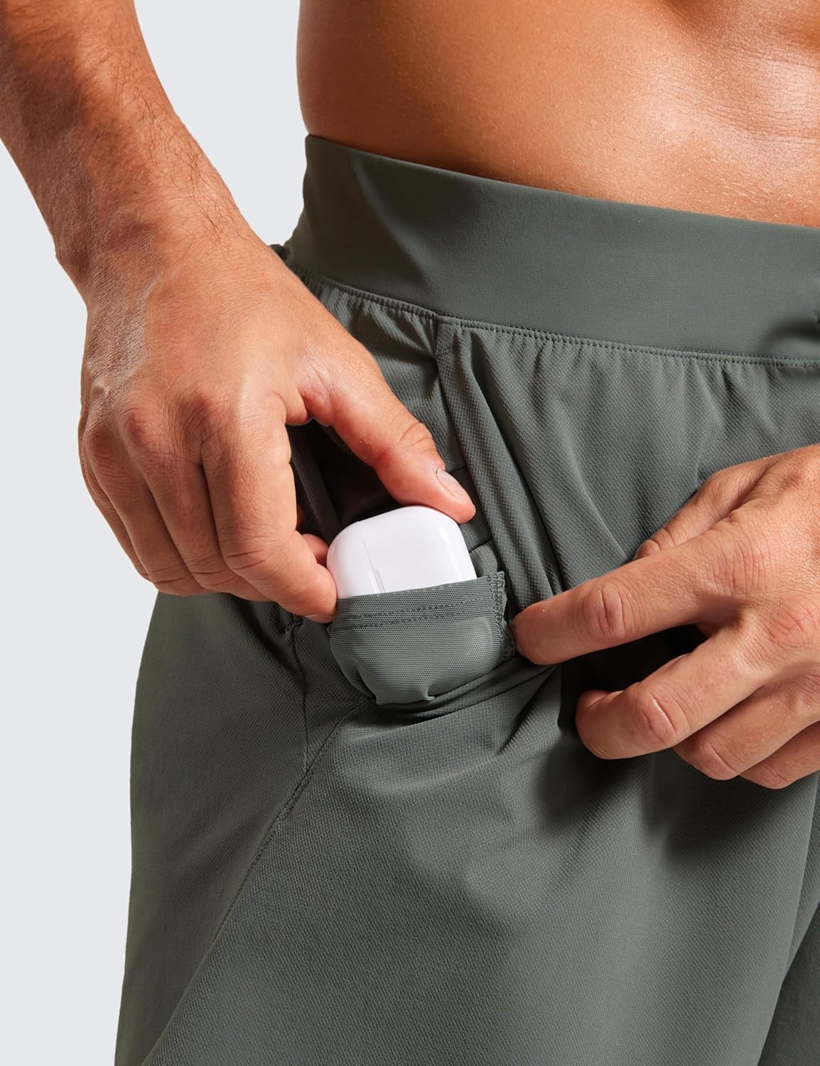 image:imageCRZ YOGA Mens Texture Training Shorts 5 Side Split Quick Dry Lightweight for Workout Running with Zipper PocketGrey Sage
