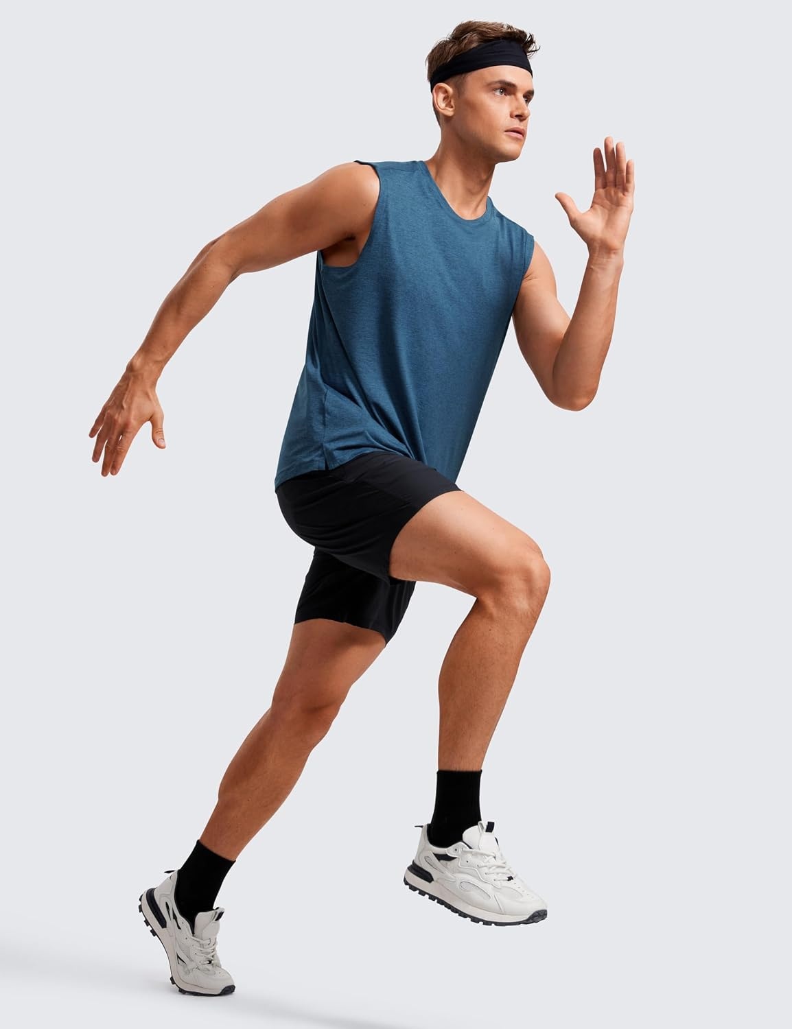 image:imageCRZ YOGA Mens Workout Sleeveless Shirt Quick Dry Stretchy Swim TShirts Athletic Gym Running Beach Tank TopNight Blue Heather