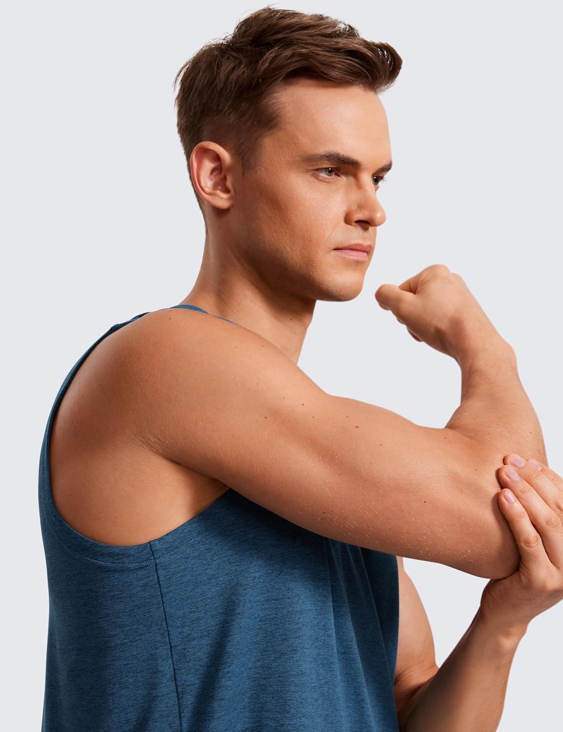 image:imageCRZ YOGA Mens Workout Sleeveless Shirt Quick Dry Stretchy Swim TShirts Athletic Gym Running Beach Tank TopNight Blue Heather