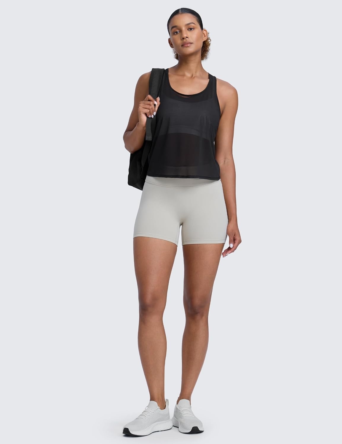 image:imageCRZ YOGA Mesh Workout Tank Tops for Women Athletic Sheer Scoop Neck Cover Up Breathable Summer Sleeveless ShirtsBlack