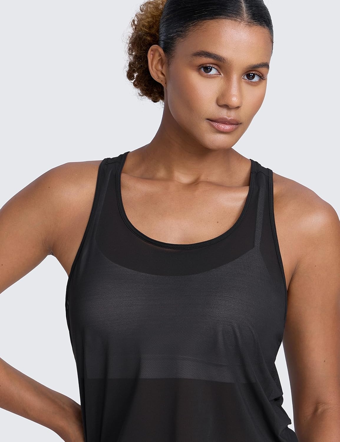 image:imageCRZ YOGA Mesh Workout Tank Tops for Women Athletic Sheer Scoop Neck Cover Up Breathable Summer Sleeveless ShirtsBlack